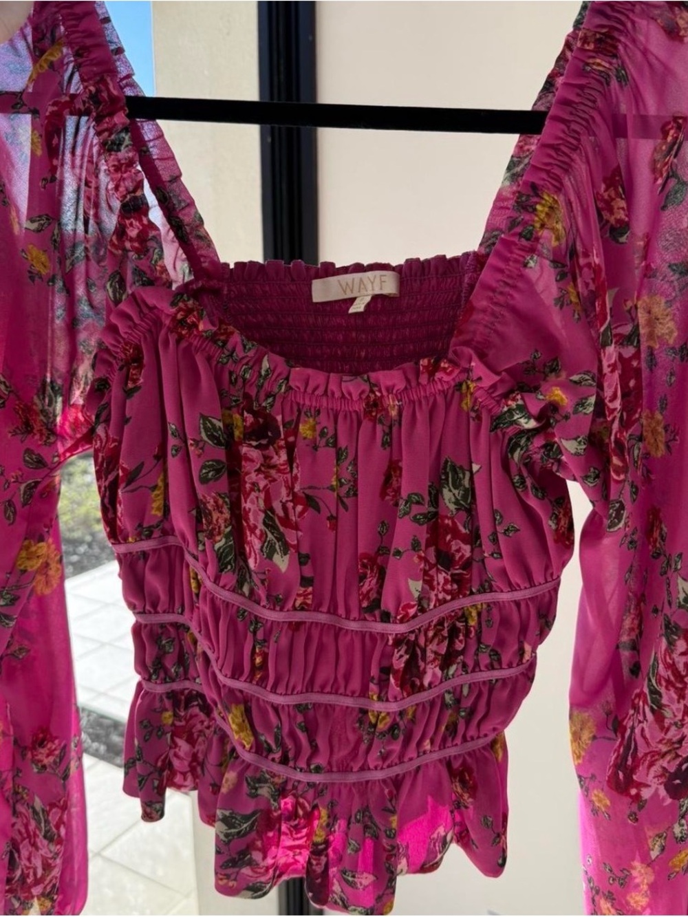 WAYF Magenta Floral Smocked Peasant Blouse